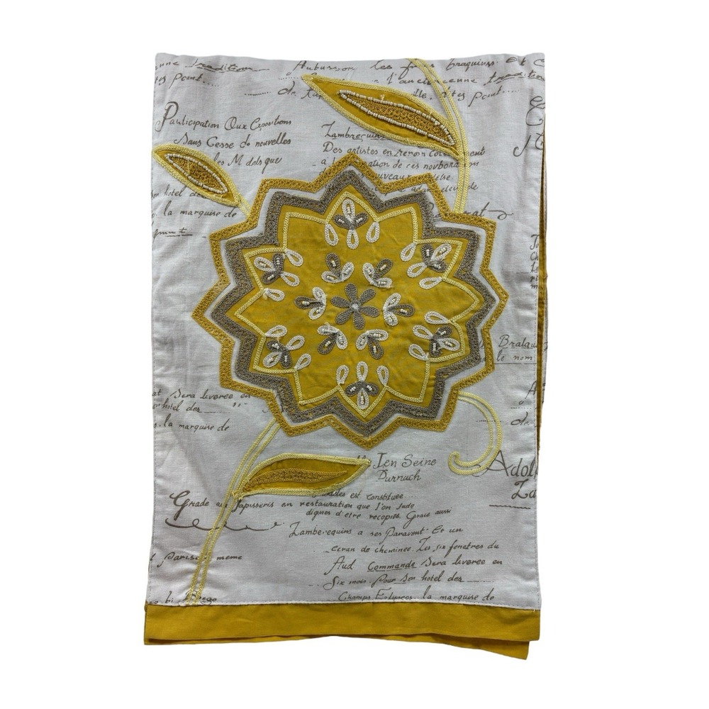 Pier 1 Imports‎ Table Runner Yellow Floral Embroidered With Writing 13in x 72in